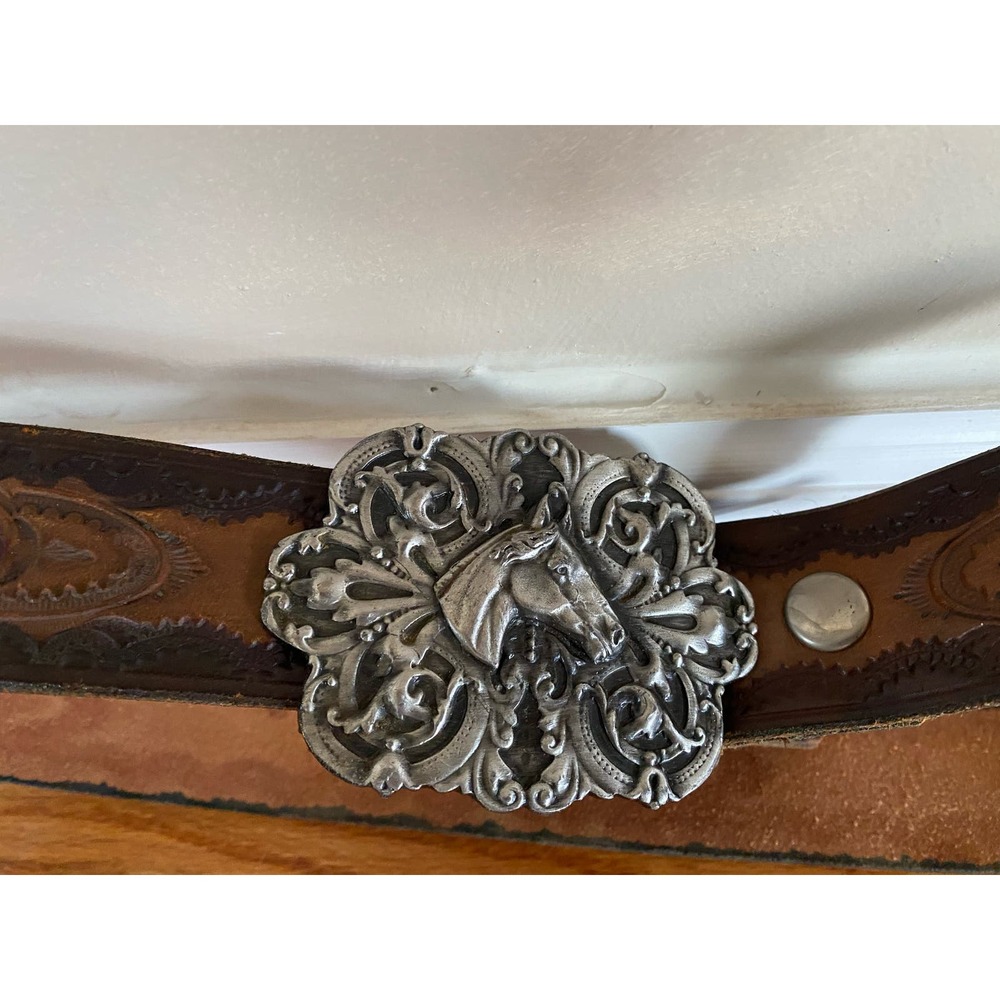 1974 Bergamot Brass Works Equestrian Horse Belt Buckle tooled belt 39”